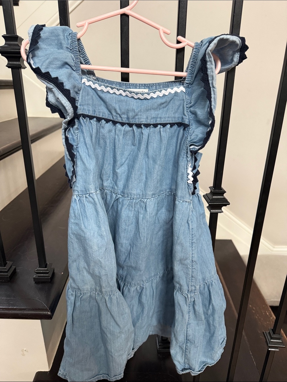 Crewcuts Light Blue Chambray Ruffle Sundress with Navy Trim